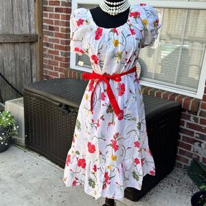 Vintage Floral White Dress with Red Accents